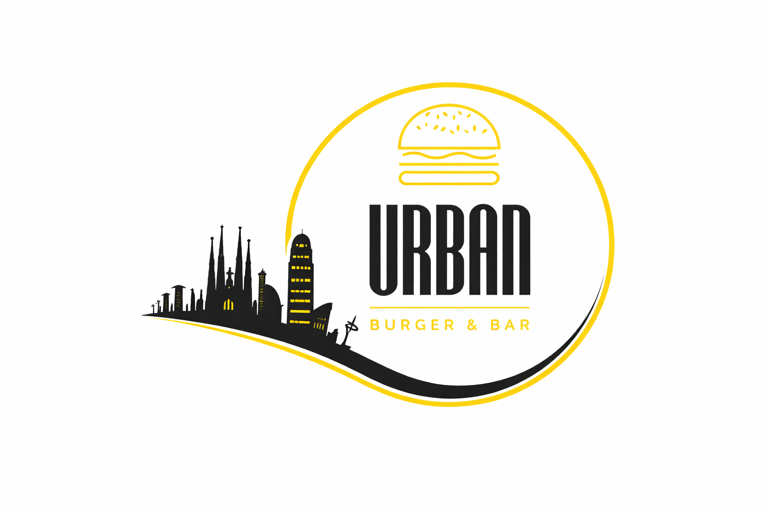 Logo Urban Burger & Bar con skyline de Barcelona