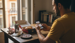 Alguien haciendo un pedido de hamburguesas a domicilio desde su casa