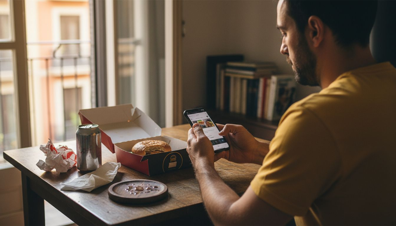 Alguien haciendo un pedido de hamburguesas a domicilio desde su casa