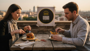 Una pareja disfruta de una hamburguesa gourmet en pleno corazón de Barcelona.