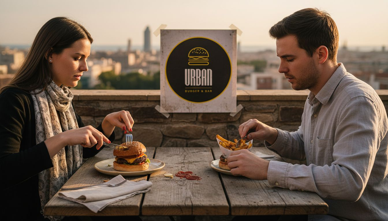 Una pareja disfruta de una hamburguesa gourmet en pleno corazón de Barcelona.