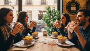 Un grupo de amigos disfruta de unas hamburguesas juntos en un restaurante, compartiendo risas y buen ambiente.