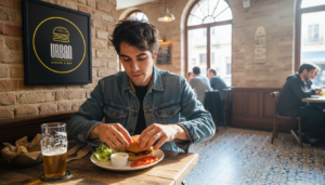 Un chef en un bistró de Barcelona prepara una hamburguesa gourmet con todo detalle.