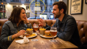 Una pareja saboreando un delicioso combo gourmet en pleno corazón de Barcelona.