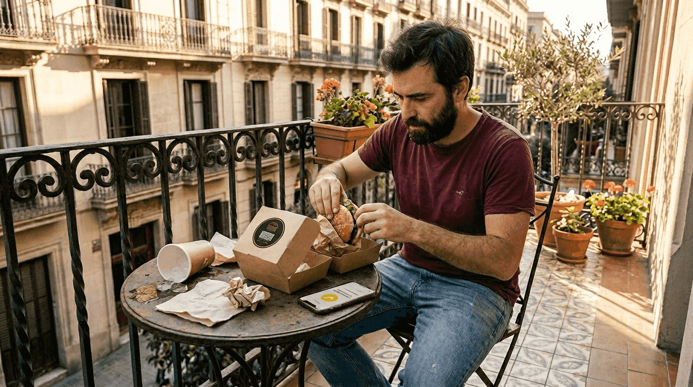Un hombre disfruta abriendo una caja de hamburguesa gourmet en el balcón de su piso en Barcelona, saboreando el momento con vistas a la ciudad.