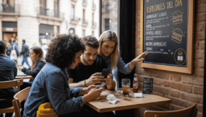 Una pareja elige hamburguesas del menú en un restaurante de Barcelona.