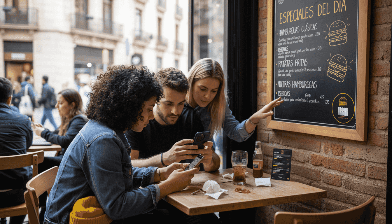 Una pareja elige hamburguesas del menú en un restaurante de Barcelona.