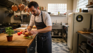 Un chef da el toque final a una hamburguesa gourmet en un restaurante de Barcelona.