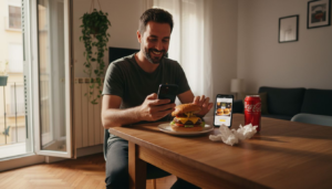 Una persona entrando en una hamburguesería de Barcelona y pidiendo una hamburguesa al camarero.