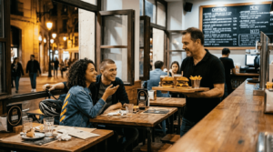 Un grupo de amigos disfrutando de la noche en un bar moderno del centro de Barcelona.