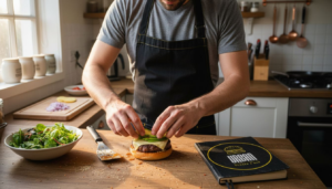 Un chef prepara una hamburguesa gourmet en la cocina de su casa, cuidando cada detalle para lograr un resultado espectacular.
