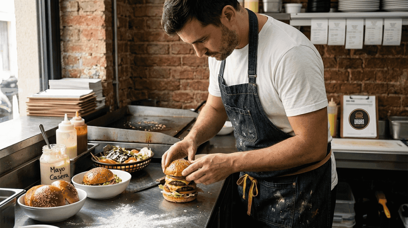Cocinero preparando una hamburguesa casera en una cocina tradicional