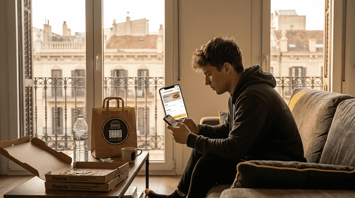 Un hombre, relajado en el sofá de su casa en Barcelona, decide pedir una hamburguesa a domicilio.