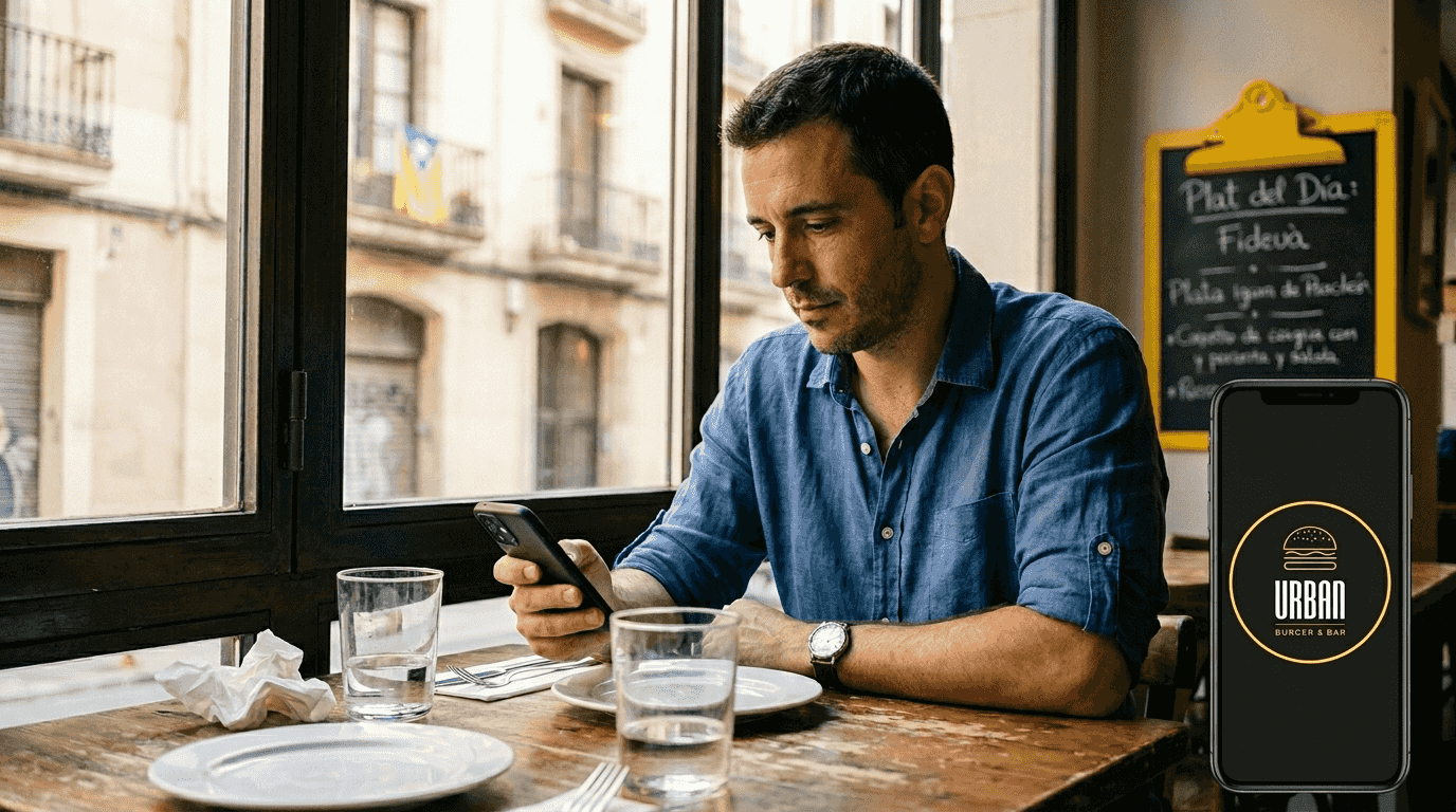 Un comensal consulta el menú digital desde su móvil mientras espera en el restaurante.