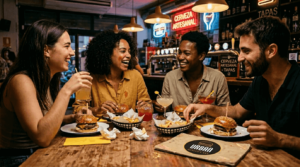 Un grupo de amigos disfrutando juntos de hamburguesas y cócteles en un ambiente relajado.