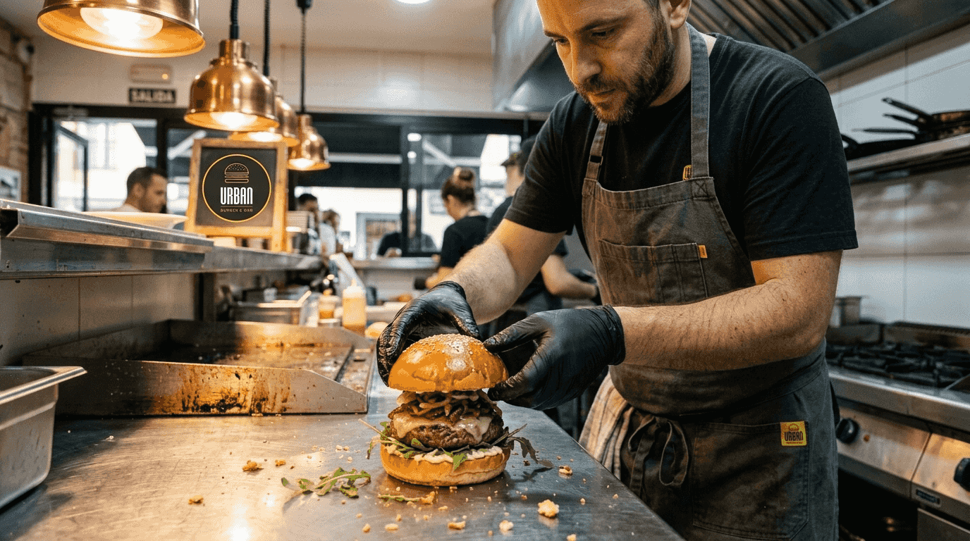 Chef arma hamburguesa gourmet con pan brioche