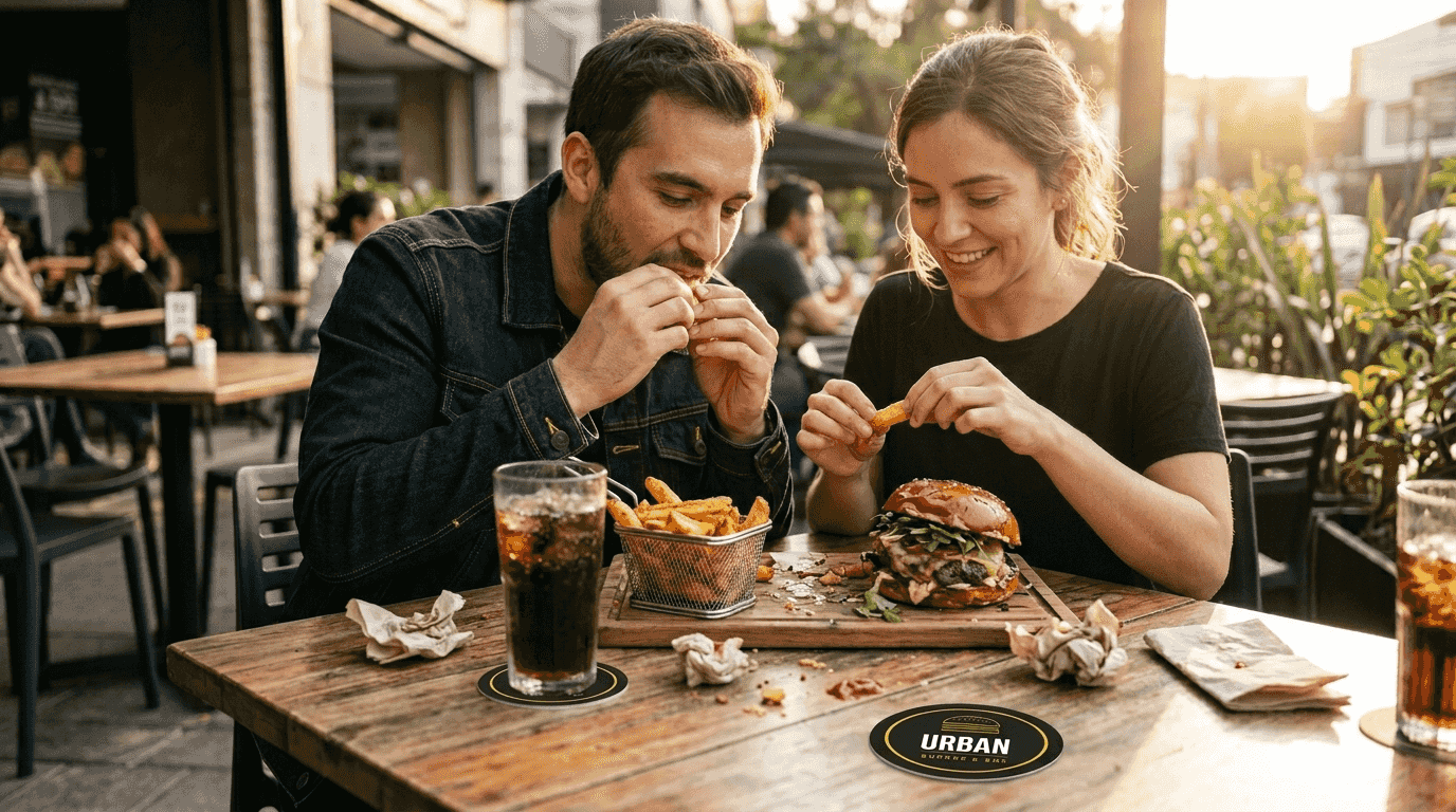 Una pareja saborea un delicioso menú gourmet mientras disfruta de la terraza.