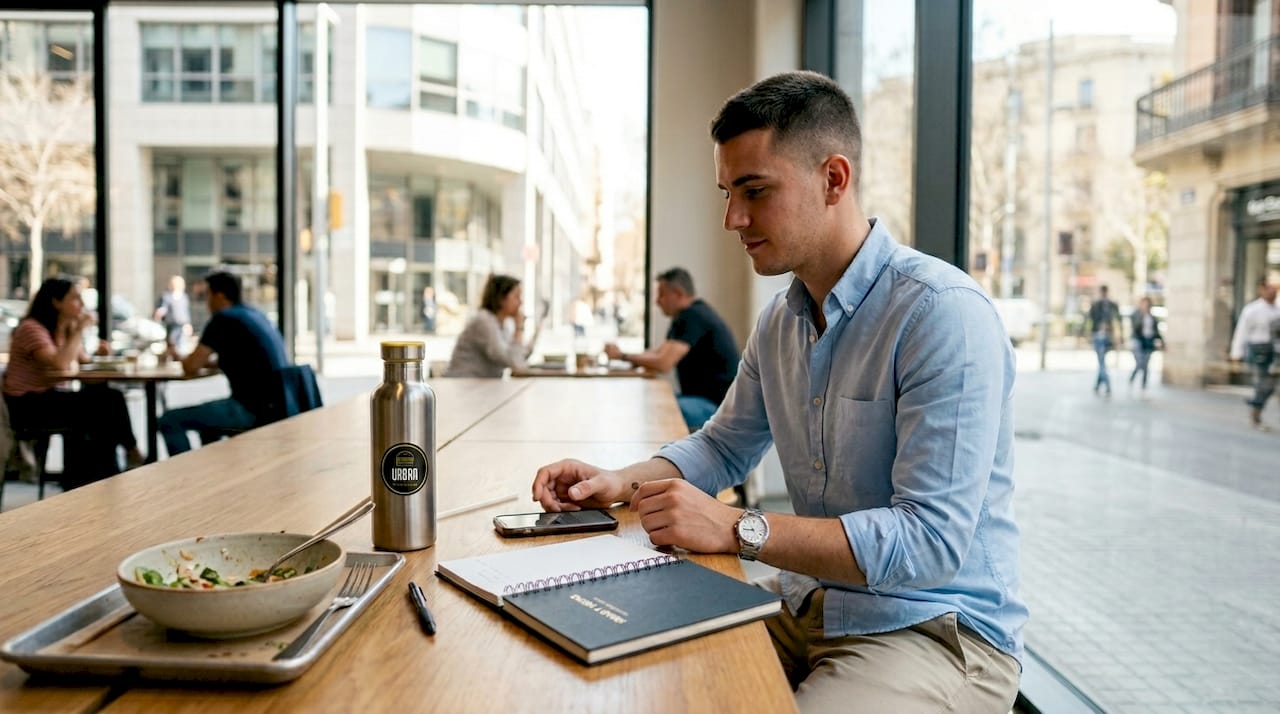 Un empleado disfruta de su pausa para comer en la cafetería de la oficina en Barcelona.