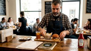 El encargado del café está preparando un menú combinado para un cliente.