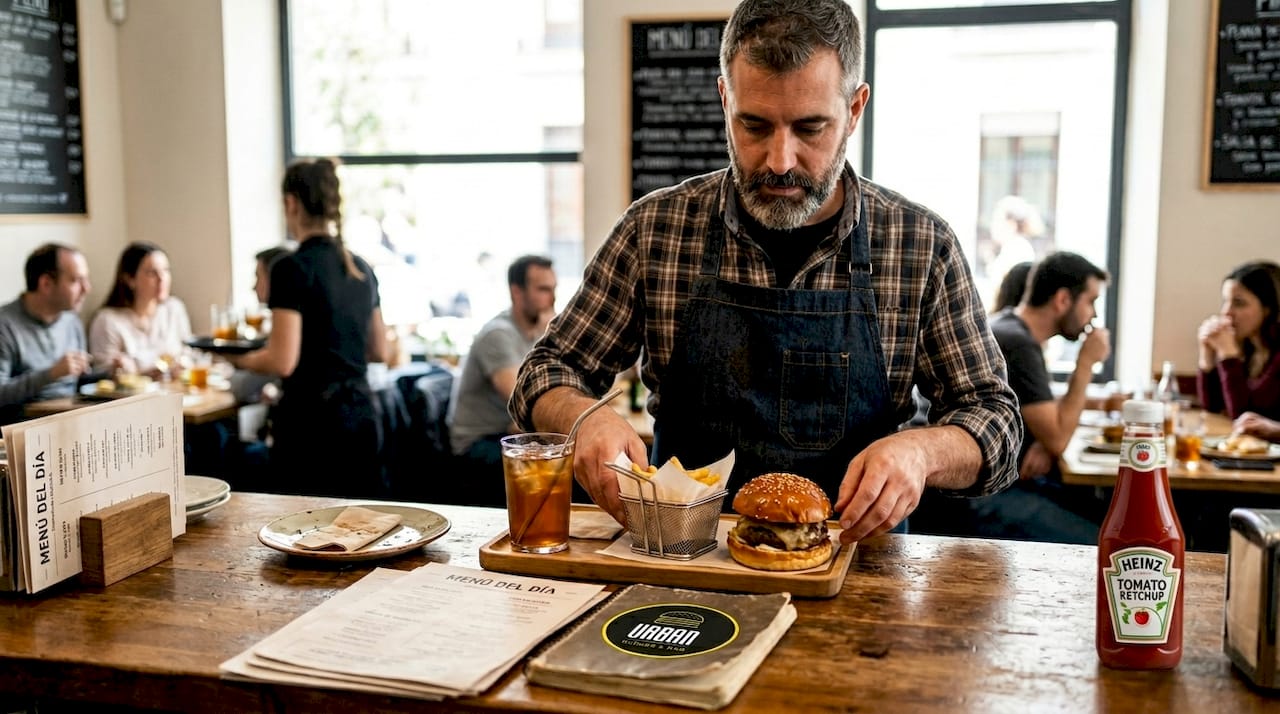 El encargado del café está preparando un menú combinado para un cliente.
