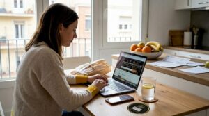 Una mujer hace una reserva de mesa por Internet en un restaurante de ambiente relajado.