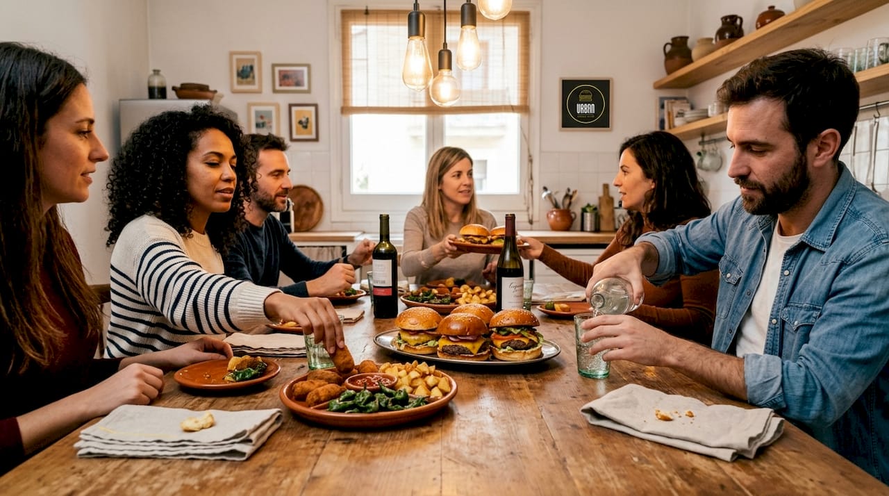 Un grupo de amigos disfrutando juntos de tapas gourmet y hamburguesas