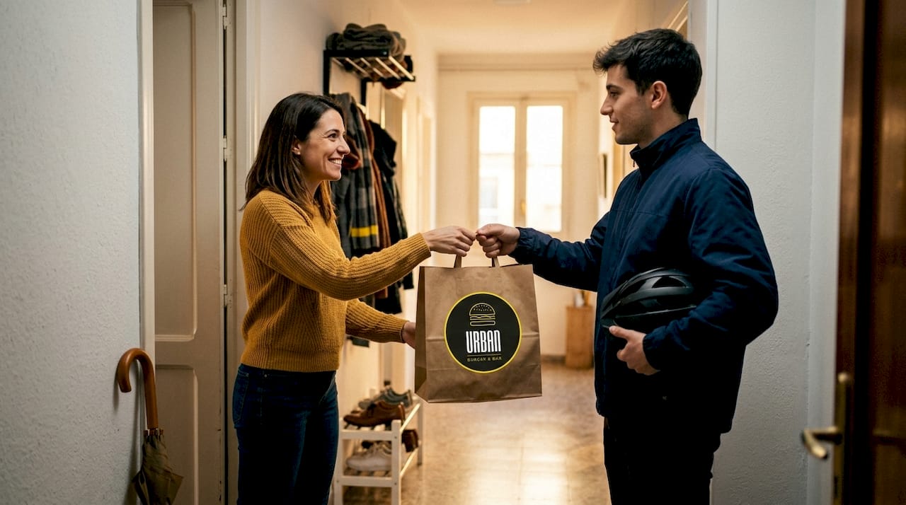 El cliente disfruta de su pedido gourmet entregado directamente en la puerta de su hogar.