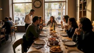 Un grupo de amigos disfrutando de una celebración en un restaurante de Barcelona.