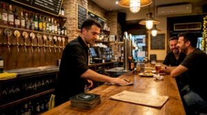 Un camarero pasa un paño por la barra de un pub acogedor, preparándola para los próximos clientes mientras el ambiente invita a quedarse.