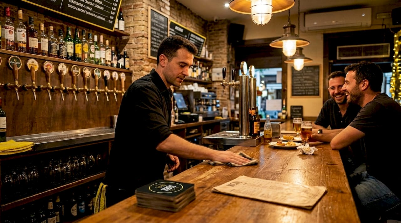 Un camarero pasa un paño por la barra de un pub acogedor, preparándola para los próximos clientes mientras el ambiente invita a quedarse.