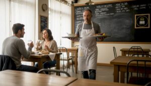 Un camarero atiende a los clientes mientras les presenta el menú del día en el restaurante.