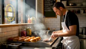 Un chef está preparando una hamburguesa gourmet a la vista de los comensales en una cocina abierta.