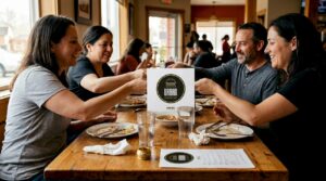 Un grupo de amigos disfrutando de una comida mientras charlan y se ríen juntos.