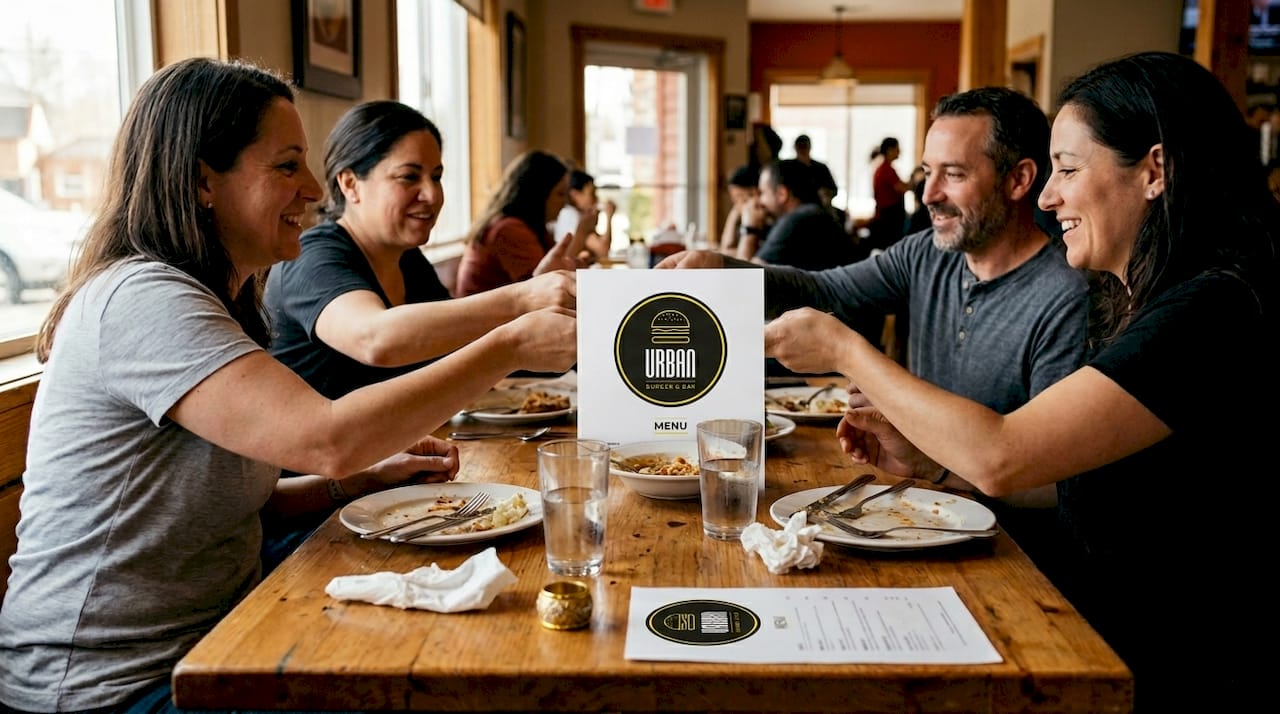 Un grupo de amigos disfrutando de una comida mientras charlan y se ríen juntos.