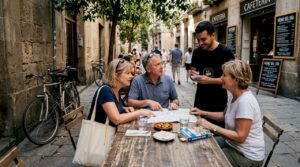 Un grupo de turistas elige en qué terraza comer en Barcelona