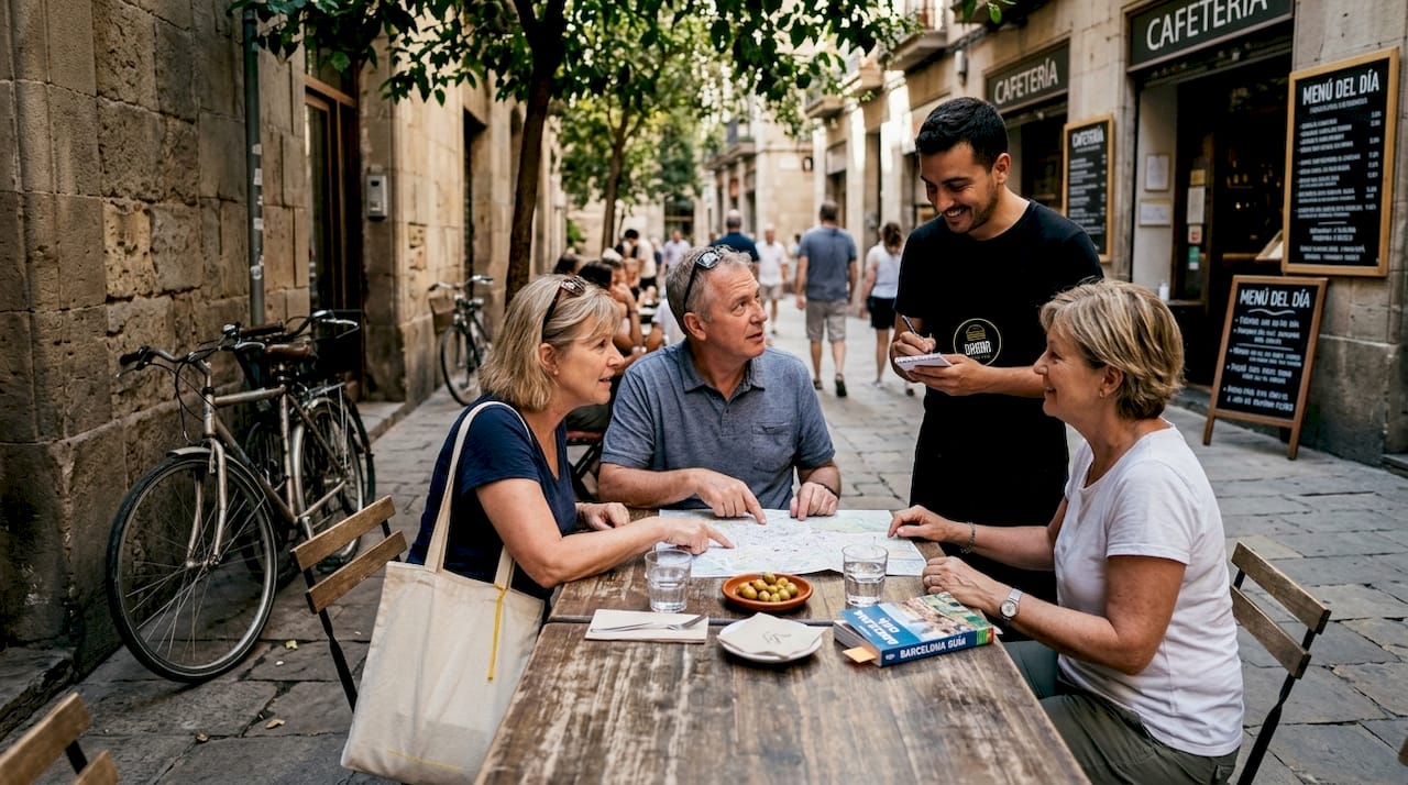 Un grupo de turistas elige en qué terraza comer en Barcelona