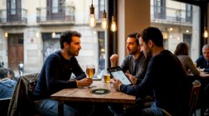 Un grupo de clientes disfruta de una animada charla en un bar moderno y con mucho encanto.