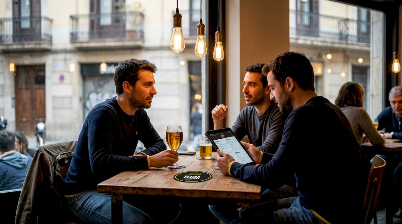 Un grupo de clientes disfruta de una animada charla en un bar moderno y con mucho encanto.