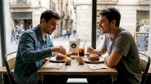 Un grupo de amigos disfruta de unas hamburguesas gourmet en un restaurante de Barcelona.