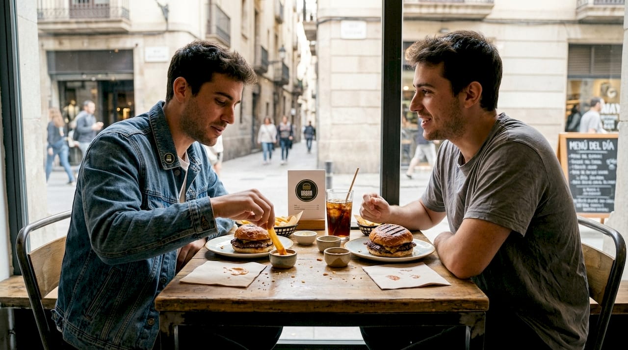 Un grupo de amigos disfruta de unas hamburguesas gourmet en un restaurante de Barcelona.