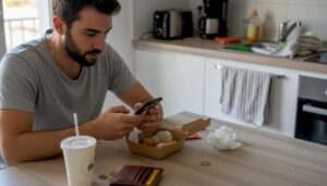 Una persona revisa la carta de hamburguesas mientras está en la cocina.