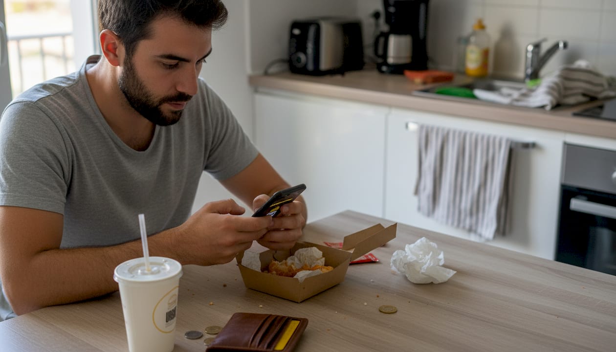 Una persona revisa la carta de hamburguesas mientras está en la cocina.