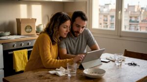 Una pareja disfruta de pedir hamburguesas gourmet a domicilio para compartir en casa.