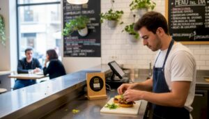 Un chef está elaborando una hamburguesa gourmet en la cocina de un restaurante.