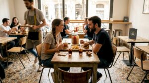 Una pareja disfruta de unas hamburguesas juntos en un restaurante lleno de ambiente en Barcelona.