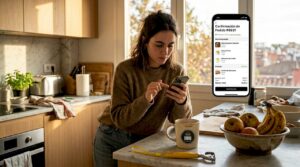 Una persona elige platos gourmet desde su móvil a través de una aplicación.