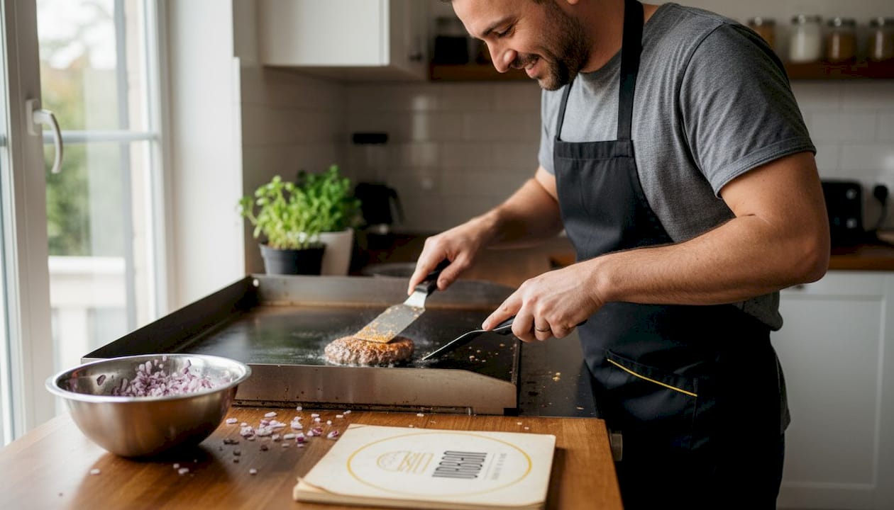 El chef prensa la carne fresca para preparar una auténtica smash burger.
