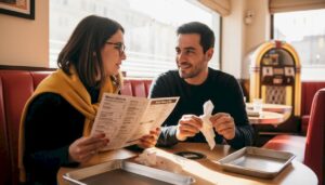 Una pareja se lo pasa en grande en un restaurante de hamburguesas con temática retro.