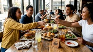 Un grupo de amigos disfruta compartiendo distintos platos combinados en el restaurante.