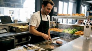 Un chef prepara hamburguesas en la cocina de una hamburguesería.